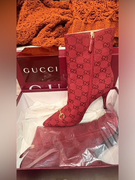Gucci Shoes - Gucci Burgundy GG Monogram Mid-Heel Ankle Boots